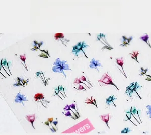 Detailed macro view of 5D watercolor floral nail stickers featuring tulips and carnations