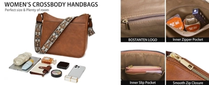 Detail view of large capacity brown crossbody bag with inner zipper and slide pockets