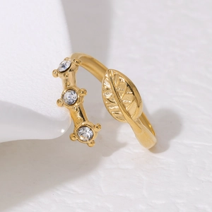 18K gold plated leaf ring with sparkling crystals and adjustable open band design