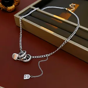 Silver paperclip chain necklace with zircon ring and love pendant in luxury box