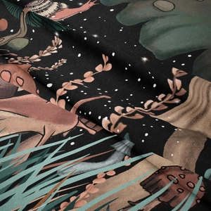 Detail of soft fabric tapestry with mushroom and snail illustration in dark fantasy style