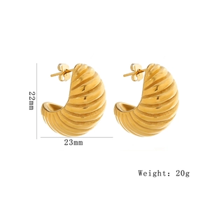 Gold spiral textured stainless steel C-shape hoop earrings 22mm size for women