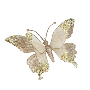 Farfalla dorata in rete con glitter e perle per decorazioni natalizie eleganti