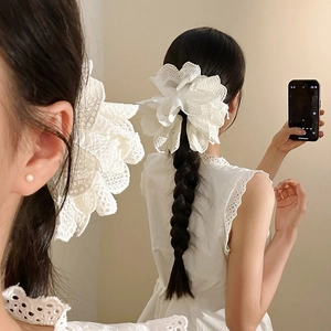 Large White Lace Flower Hair Claw Clip With Artificial Pearls And Bow Sweet Fairy Style Shark Clip For Women