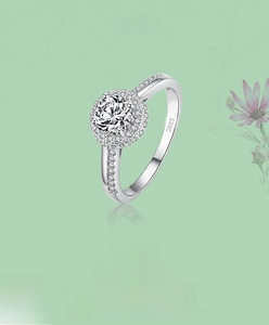 Macro shot of S925 sterling silver halo ring with micro-pave cubic zirconia accents