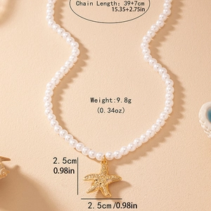 Elegant pearl necklace featuring a gold starfish pendant on a beach-themed background