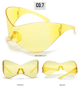 Detailed views of yellow oversized Y2K butterfly sunglasses showing front and side profiles
