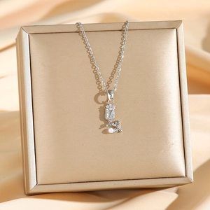 Elegant silver tulip necklace with sparkling zircon and pearl on champagne silk