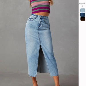 Gonna Midi In Denim A Vita Alta Con Spacco Frontale Linea A Vestibilità Aderente Denim Di Cotone Orlo Sfilacciato