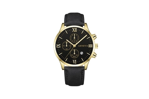 Detail of gold watch case with black Roman numeral dial and date display feature