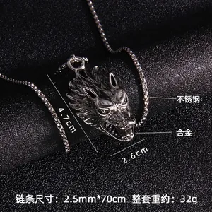 Wolf head pendant necklace in punk style with stainless steel chain and alloy details