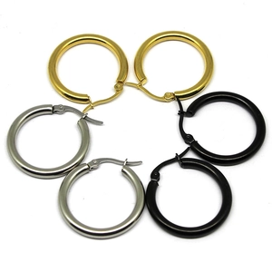 Three pairs of 3mm minimalist stainless steel hoop earrings in gold, silver, and black finish