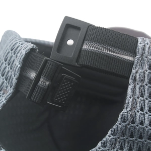 Adjustable buckle detail of a breathable grey mesh beret for outdoor sun protection