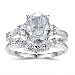 925 Sterling Silver Ring Set Royal Style Oval Rhinestone Inlaid Double Ring Women Luxury Engagement Wedding Jewelry Finger Ring