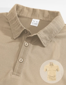 Detailed close-up of khaki polo shirt collar showing premium fabric texture and buttons
