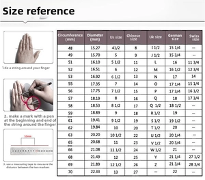 Detailed jewelry size guide and ring measurement chart with international dimensions