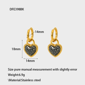 Detail showing 14mm heart earrings with black pavé crystals in 18K gold plated steel