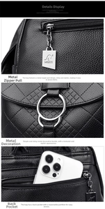 Détails du sac à dos en cuir noir avec ferrures argentées et poche arrière zippée