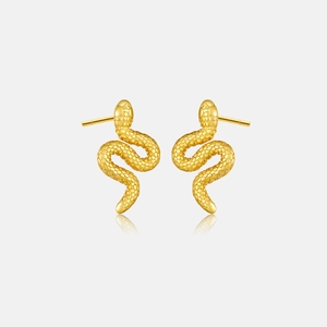 Detailed view of golden snake stud earrings with realistic scale texture and mirror reflection