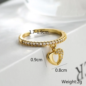 Detail view of adjustable gold heart ring showing dimensions 1.7-1.9cm and 2g weight