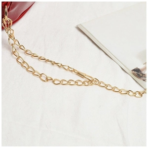 Detail shot of the golden metal chain strap and red leather texture on the crossbody bag