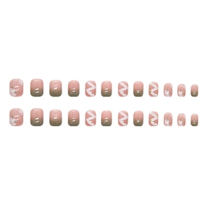 Green gradient floral press-on nails with pearls and ribbon accents, 24 piece set