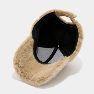 Furry khaki baseball cap for women featuring warm plush fabric and adjustable strap