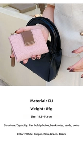 Short pink PU leather wallet with wavy embossing held by hand showing compact dimensions