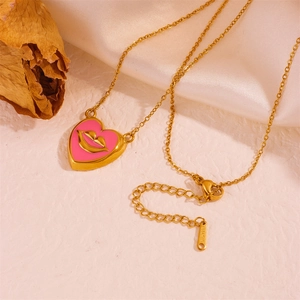 18K gold plated stainless steel necklace featuring a pink heart and gold lips pendant