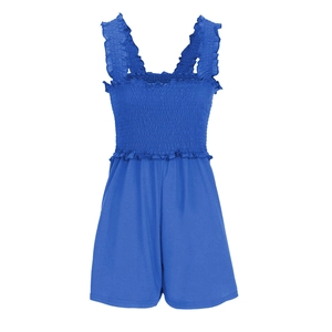 Detail of blue summer romper featuring ruffled tube top and frilly shoulder straps
