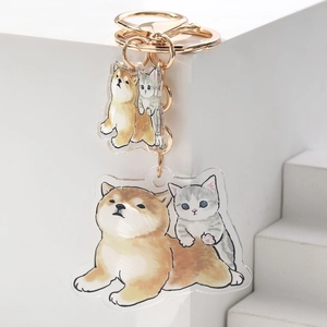 Detail of acrylic Shiba Inu and kitten keychains with gold metal rings on white background