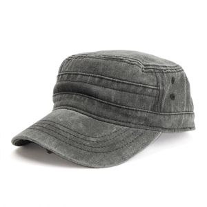 Detail of dark grey washed denim cadet cap featuring side metal eyelets and stitching