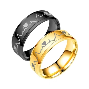 Minimalist heartbeat pattern rings in black and gold stainless steel finish