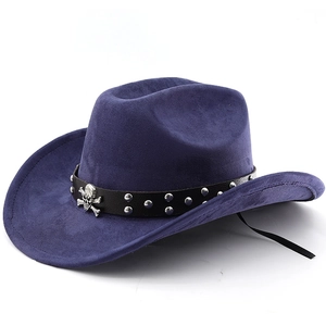 Detail of dark blue faux suede cowboy hat featuring silver skull studs and leather band