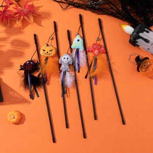 Halloween Cat Wand Toy Interactive Teaser Stick With Plush Pumpkin Spider Ghost Bat Feather Tassel And Bell