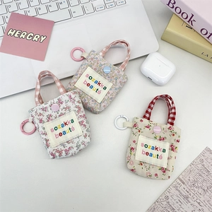 Floral fabric mini earphone case pouches with metallic rings and snap closure