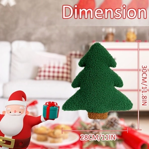 Detailed view of green teddy fleece Christmas tree pillow showing 30cm x 28cm dimensions