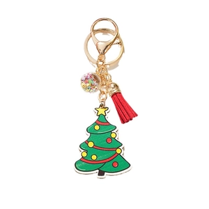 Christmas tree wooden keychain with red tassel and sparkling sequin ball in gold finish