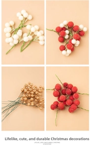Detailed close-up of artificial frosted Christmas berries in white, red and gold finishes