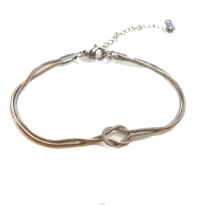 Silver stainless steel double layer snake chain bracelet with a central knot design