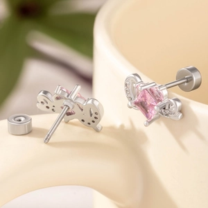 Silver butterfly wing stud earrings with pink zircon and secure screw-back closure