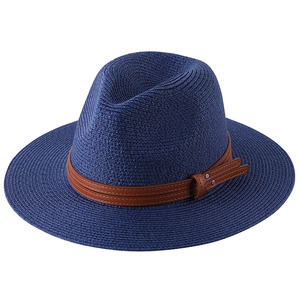 Foldable dark blue woven Panama sun hat with brown leather band for women