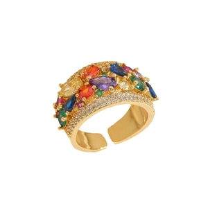 Luxurious 14K gold-plated ring with colorful pear and marquise-shaped zircons