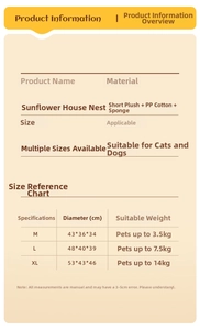 Size chart for sunflower pet bed made of soft plush material in M, L, and XL dimensions