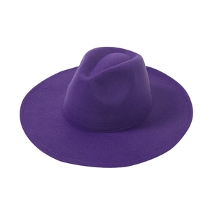 Top down view of purple wide brim wool fedora hat with classic indented crown design