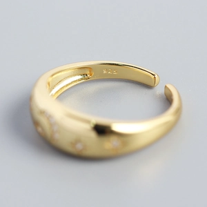 Vintage gold s925 silver adjustable open ring with star and moon zircon crystal accents