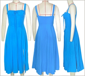 Detailed views of light blue camisole dress with drawstring neckline and side slit detail
