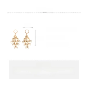 Infographic showing size and material specs for gold leaf tassel earrings with rhinestones