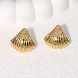 Elegant 18K gold-plated stainless steel shell stud earrings on white marble backdrop