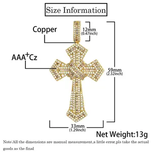 Detailed size chart for hip hop cross pendant showing 59mm height and 33mm width